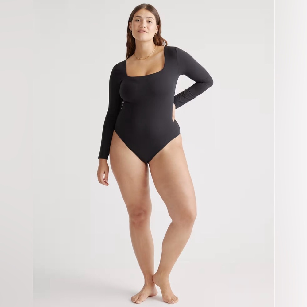 Quince Second Skin Square Neck Black Bodysuit with thong back!